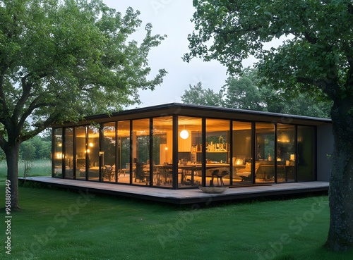 Modern Glass House in the Woods with a Wooden Deck and a Green Lawn