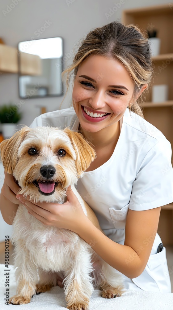 Happy woman holding a dog, showcasing love and companionship in a bright indoor environment. Perfect for pet-related themes. Happy woman holding a dog, showcasing love and companionship in a bright indoor environment. Perfect for pet-related themes.