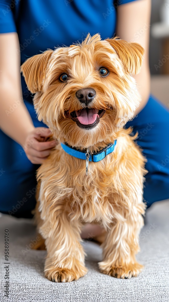 A cheerful Yorkshire Terrier enjoying attention from a caring owner, showcasing its playful spirit and cute fur.