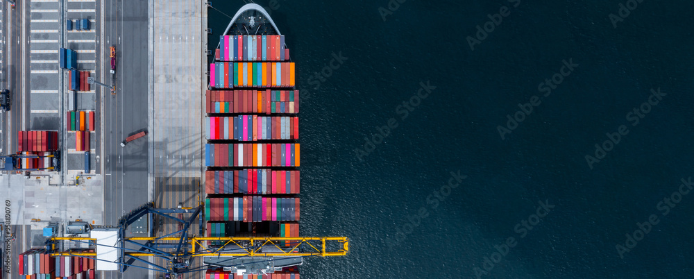 Aerial view container cargo ship freight shipping industry at port, Global business commercial import export logistic transportation by container cargo ship, Container cargo ship freight shipping.