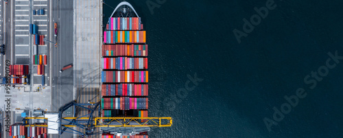 Obraz na płótnie Aerial view container cargo ship freight shipping industry at port, Global business commercial import export logistic transportation by container cargo ship, Container cargo ship freight shipping. w salonie