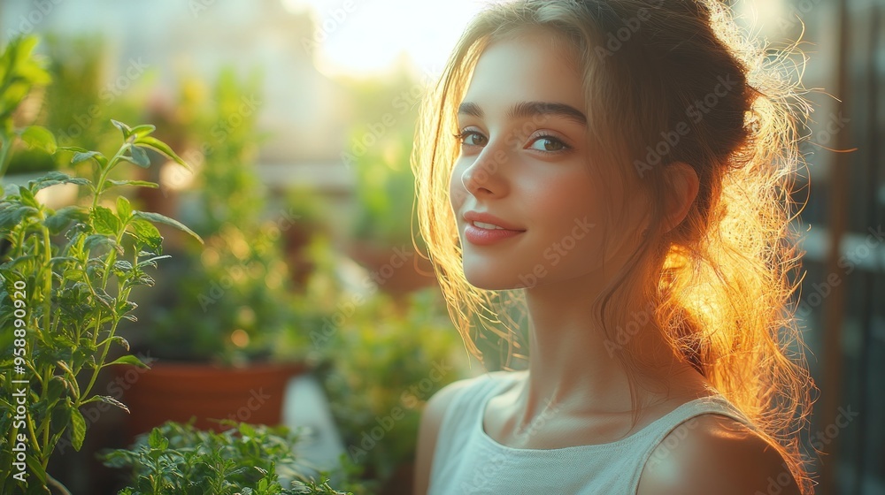 American woman watering herb garden, joyful expression. American woman watering herb garden, joyful expression.