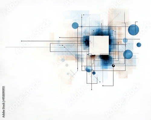 Abstract geometric composition featuring squares and circles in soothing blue tones, perfect for modern design projects.