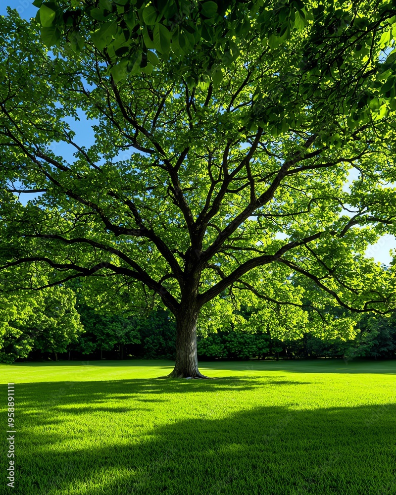 Obraz premium A majestic tree with lush green leaves stands tall in a vibrant lawn, capturing the essence of nature and tranquility.