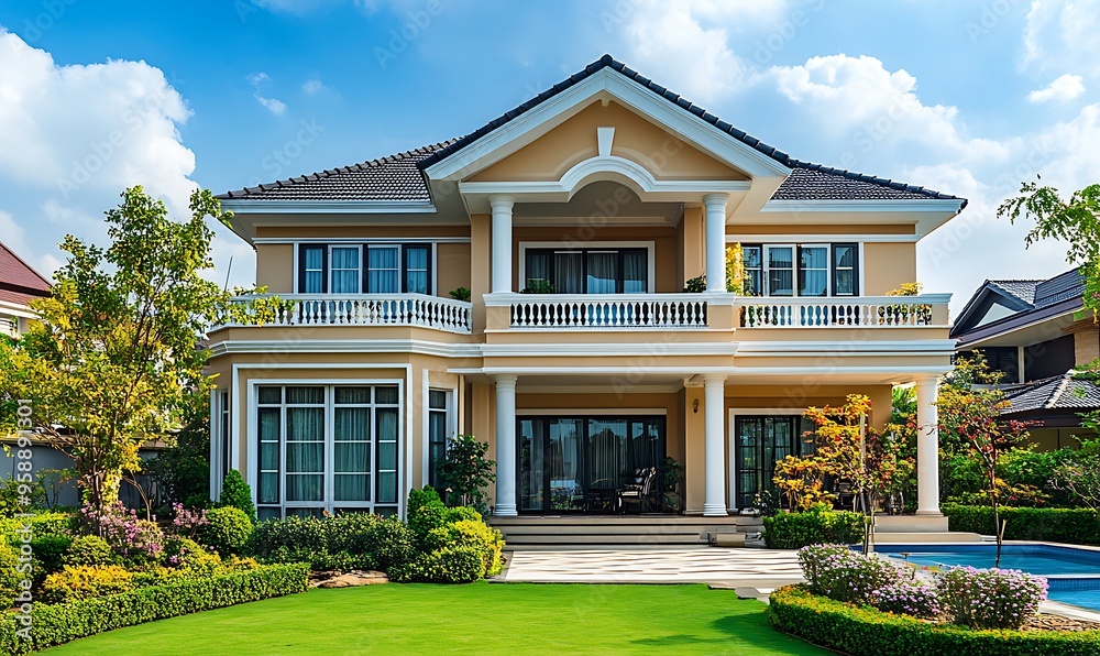 Two-Story Luxury Home with a Swimming Pool and Lush Landscaping Two-Story Luxury Home with a Swimming Pool and Lush Landscaping