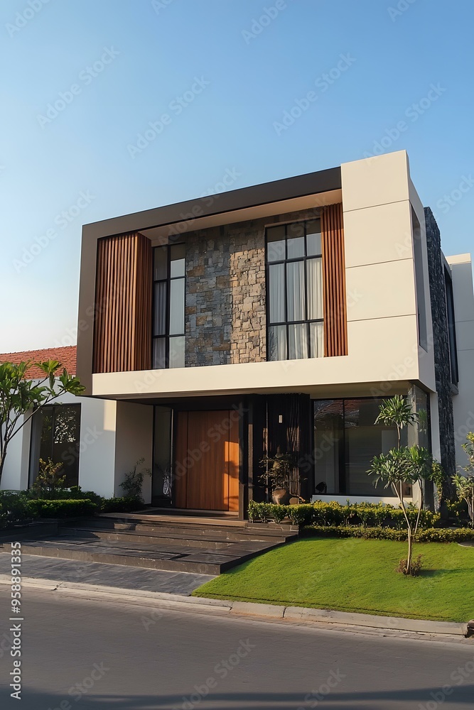 Obraz premium Modern Two Story House with Stone and Wood Exterior