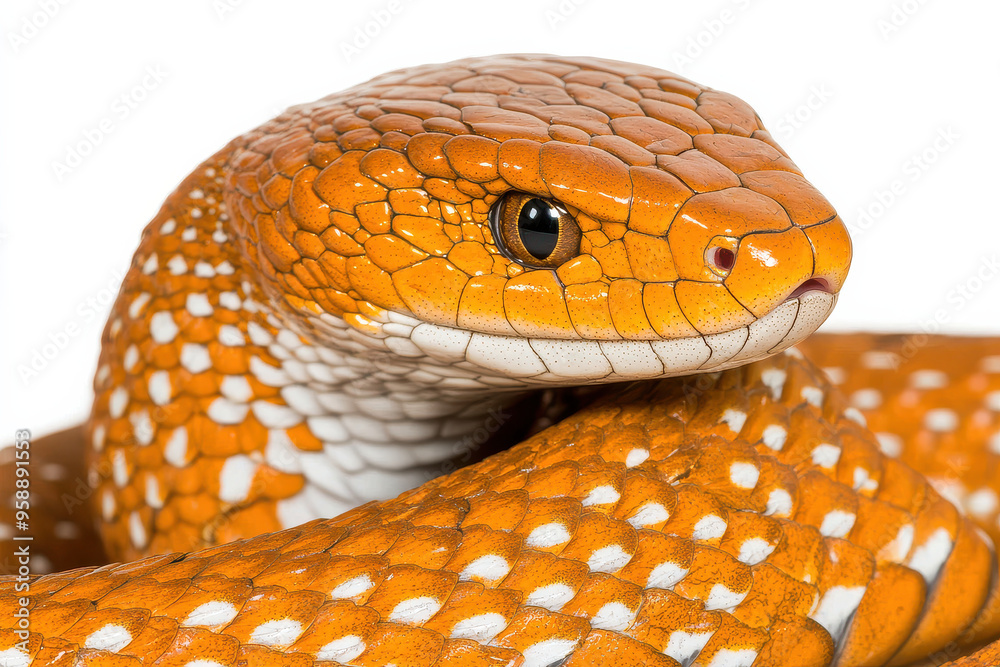 A high-definition close-up of a striking orange and white snake coiled gracefully with intricate scales visible, against a plain white background. A high-definition close-up of a striking orange and white snake coiled gracefully with intricate scales visible, against a plain white background.