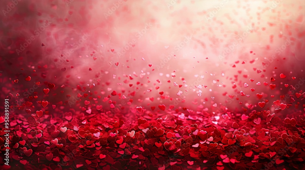 Red Hearts Falling and Laying on a Pink and White Background Red Hearts Falling and Laying on a Pink and White Background