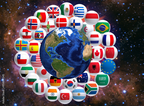 A World of Flags Surrounding Earth in a Cosmic Tapestry