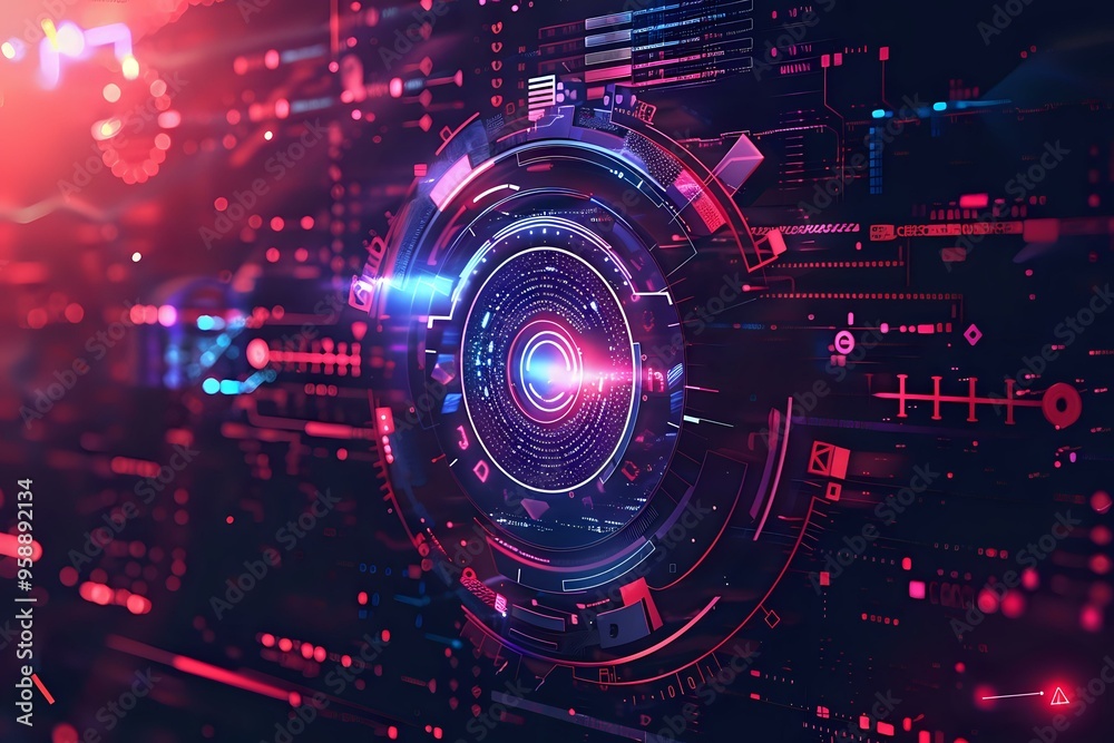 Obraz premium A futuristic digital interface with neon lights and holographic elements, symbolizing advanced technology, data, and innovation. Ideal for technology, cyber, and sci-fi-themed visuals