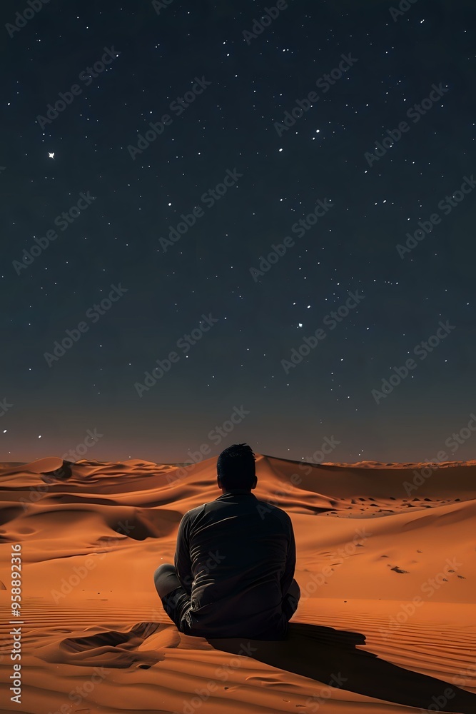 A man sits alone in the desert under a starry night sky, contemplating the vastness of the universe. Perfect for travel, solitude, and introspection-themed visuals, evoking peace and wonder. A man sits alone in the desert under a starry night sky, contemplating the vastness of the universe. Perfect for travel, solitude, and introspection-themed visuals, evoking peace and wonder.