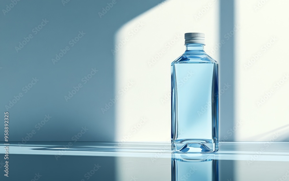 A clear bottle filled with blue liquid, illuminated by soft light, creating a serene and minimalistic atmosphere. A clear bottle filled with blue liquid, illuminated by soft light, creating a serene and minimalistic atmosphere.