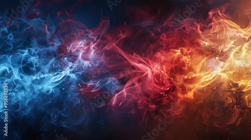 Abstract Swirling Blue and Red Smoke on a Dark Background