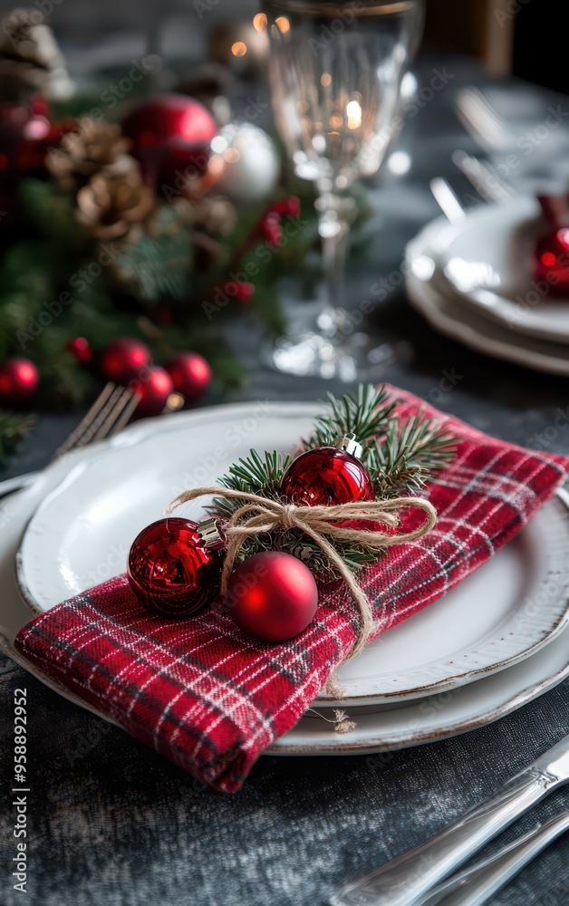 Cozy Christmas Table Setting with Plaid Napkin and Baubles
