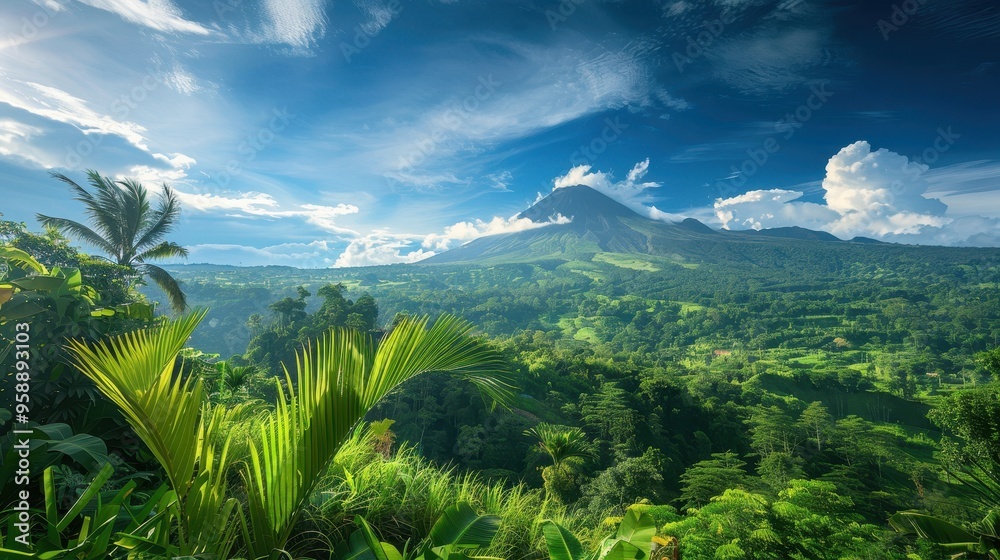 Fototapeta premium Stunning Tropical Landscape with Lush Greenery and Majestic Mountain Under a Clear Blue Sky