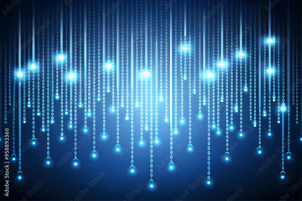 Flat Glowing Abstract Binary Code Streaming Down a Dark Digital Background Concept for Data Management and Operational Efficiency - Vibrant Green and Blue Tones - Futuristic Ambiance - Smart Business Flat Glowing Abstract Binary Code Streaming Down a Dark Digital Background Concept for Data Management and Operational Efficiency - Vibrant Green and Blue Tones - Futuristic Ambiance - Smart Business