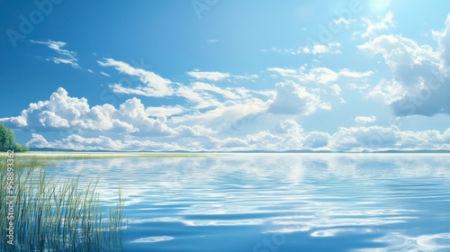 A bright sunny day at a clear blue lake, with fluffy clouds reflected on the water and gentle ripples in the breeze.