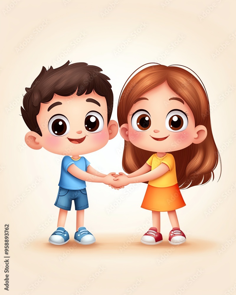 Fototapeta premium Cute illustration of two children holding hands, symbolizing friendship and joy, perfect for children's themes and family projects.