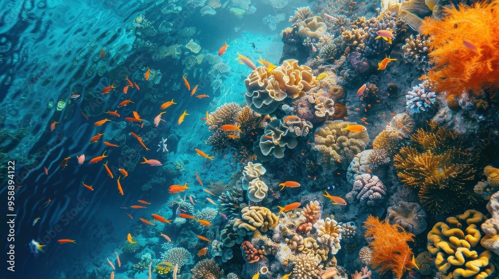 Naklejka premium Vibrant Underwater Coral Reef with Colorful Fish in Crystal Clear Ocean Water