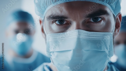 Medical team in the operating room, each member prepared and focused, the lead surgeons intense gaze conveying the gravity of the task ahead