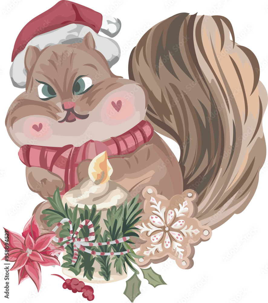 Naklejka premium Christmas squirrel decoration illustration on transparent background.