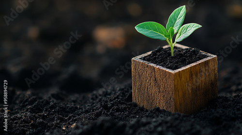 Abstract wooden cube with a green sprout growing on a dark soil background, a concept of growth and development in nature