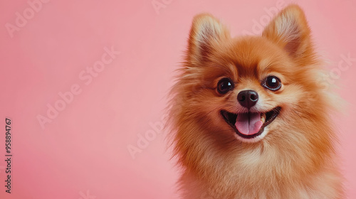 A joyous and smiling Pomeranian dog is captured against a lively pink background, exuding happiness and positivity in this colorful and vibrant portrait.