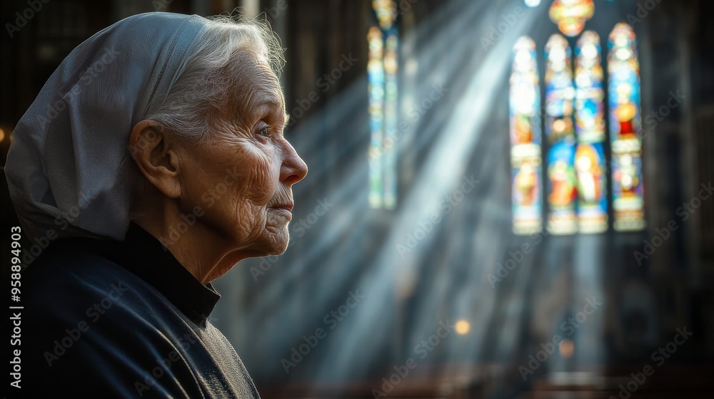 Serene Portrait of an Elderly Woman Reflecting in a Church Illuminated by Sunlight Serene Portrait of an Elderly Woman Reflecting in a Church Illuminated by Sunlight