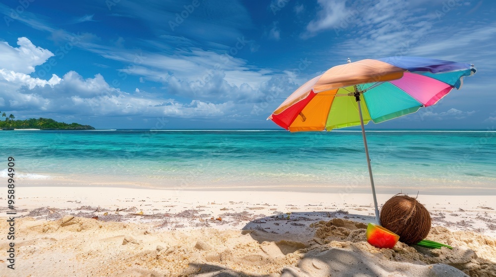 Colorful Beach Umbrella and Coconut on Tropical Sandy Beach with Turquoise Ocean and Blue Sky Colorful Beach Umbrella and Coconut on Tropical Sandy Beach with Turquoise Ocean and Blue Sky