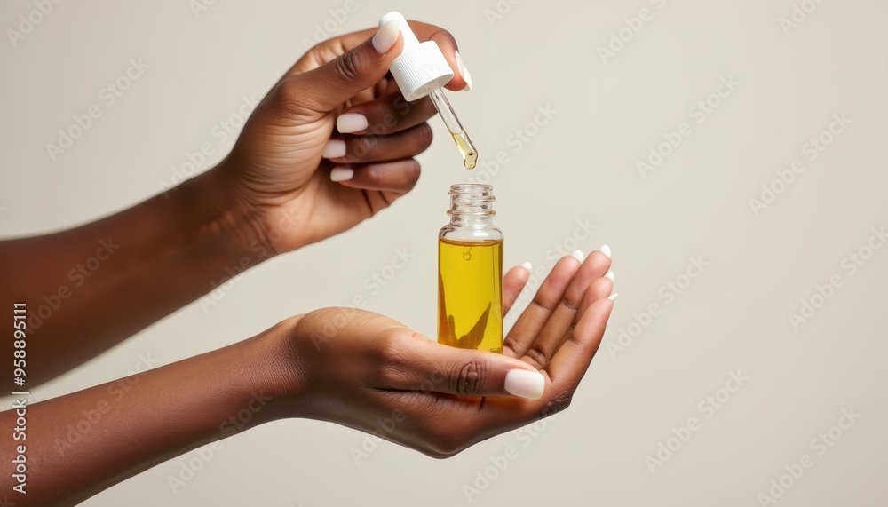 Close-up of a woman's hands using a dropper bottle filled with golden oil against a neutral background. Close-up of a woman's hands using a dropper bottle filled with golden oil against a neutral background.