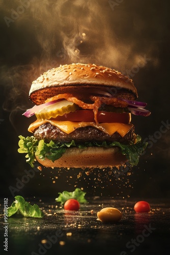 Delicious Gourmet Cheeseburger with Fresh Ingredients and Steam on Dark Background photo