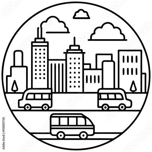 Downtown cityscape with taxis, buses, and bustling sidewalks,