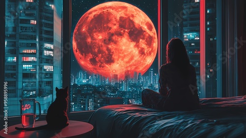 A woman gazes at a giant red moon from her bedroom with her cat by her side.