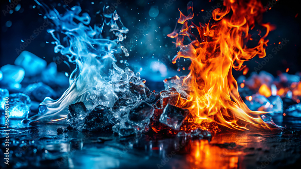 Fiery Ice Cube: Conceptual Image of Fire and Ice Dynamics Symbolizing Heat and Cold Contrasts in Beautiful, Captivating Visual Art Fiery Ice Cube: Conceptual Image of Fire and Ice Dynamics Symbolizing Heat and Cold Contrasts in Beautiful, Captivating Visual Art