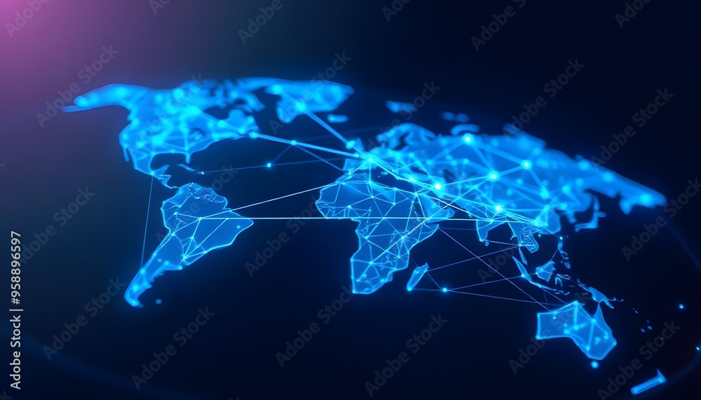 A glowing blue globe showing the continents and a network of interconnected lines representing global connectivity A glowing blue globe showing the continents and a network of interconnected lines representing global connectivity