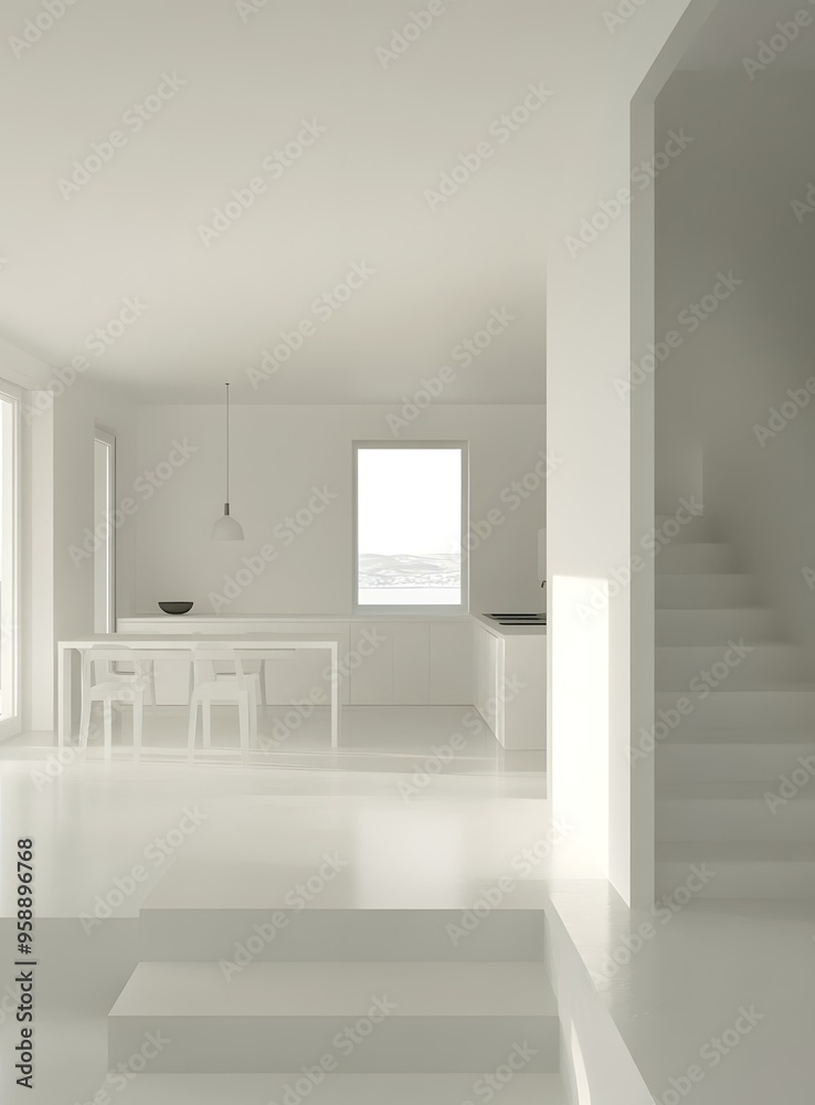 Fototapeta premium Minimalist White Kitchen Interior Design with Stairs