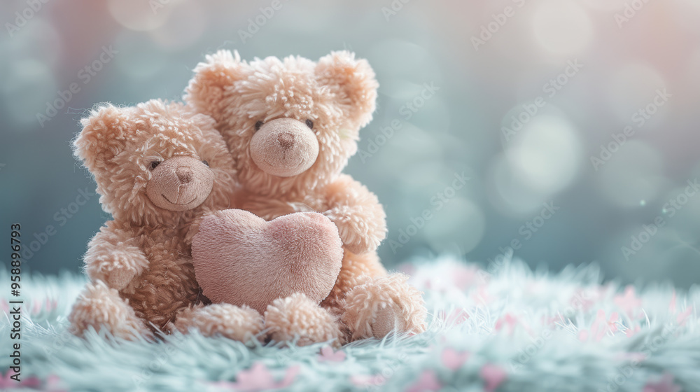 Two teddy bears with heart on fluffy surface, bokeh background, concept of love, romance Two teddy bears with heart on fluffy surface, bokeh background, concept of love, romance
