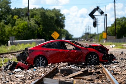 Accident, at a railroad crossing, car stalled on the tracks leads to a terrifying moment of impact