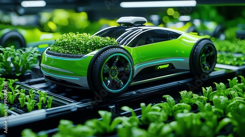 Futuristic green car with plants growing on top, symbolizing eco-friendly technology and sustainable urban agriculture.