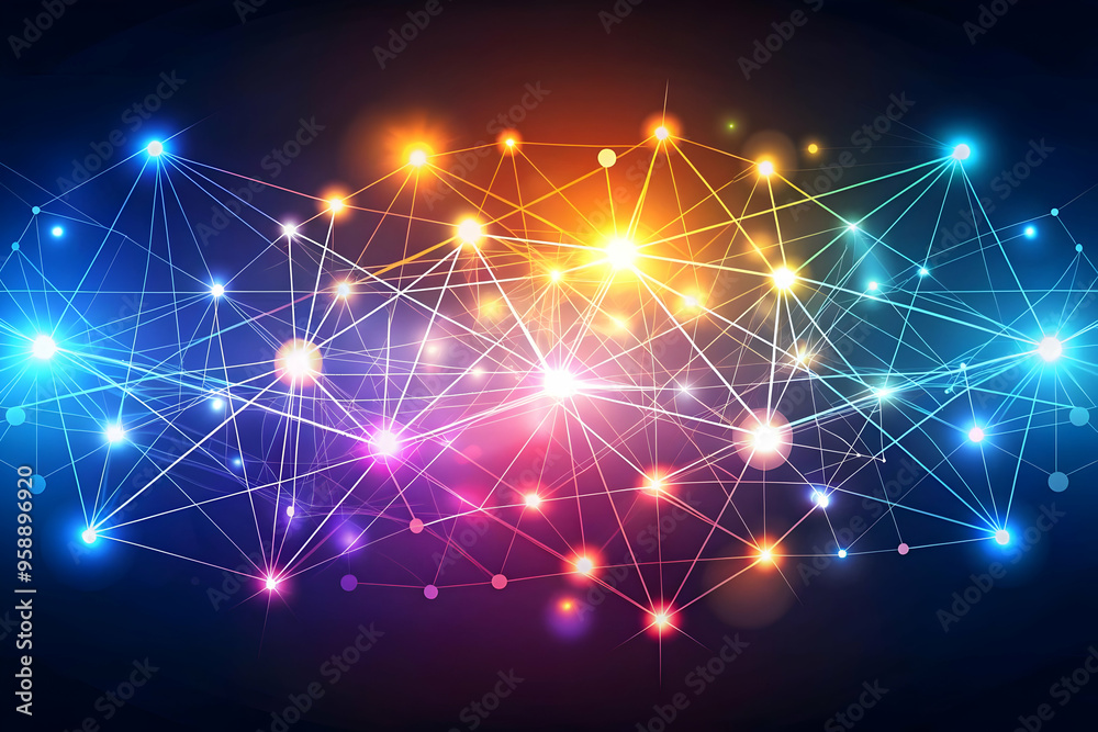 Fototapeta premium Dynamic Glowing Abstract Digital Art: Network Lines Connecting Nodes Concept in Vibrant Colors - Flat Vector Illustration with Smart Business Tone