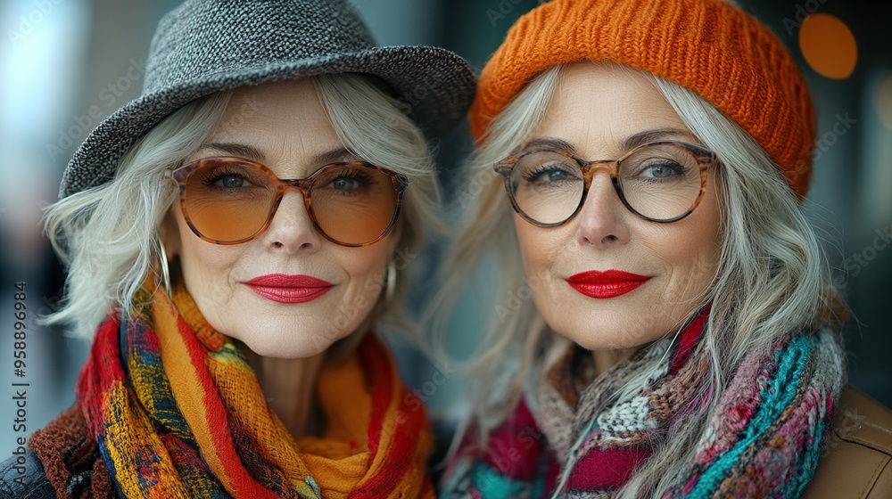 senior women twins in city walk completing make up with lipstick