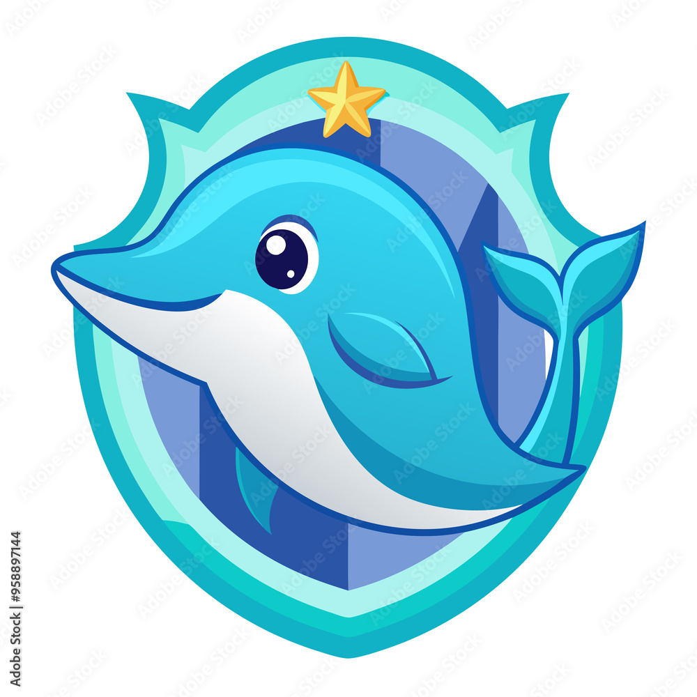 Cartoon Dolphin Inside a Blue and Green Shield with a Gold Star Cartoon Dolphin Inside a Blue and Green Shield with a Gold Star