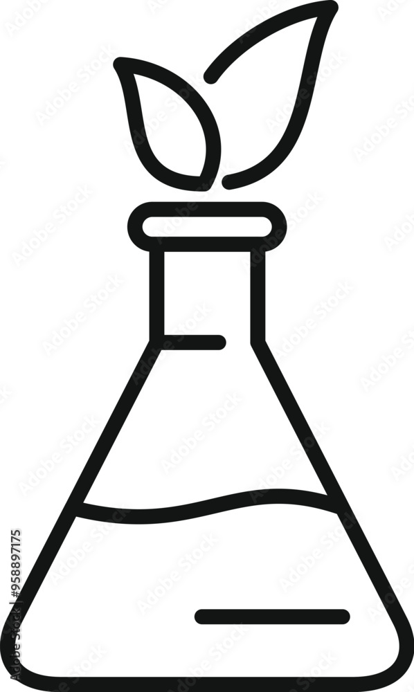 Line art icon of a chemical conical flask growing green leaves, perfect for representing organic chemistry Line art icon of a chemical conical flask growing green leaves, perfect for representing organic chemistry