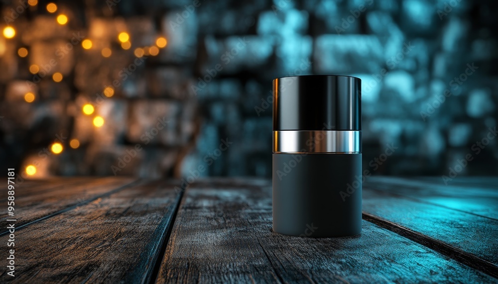 A sleek black container with a metallic band, set against a blurred background of lights and textured stone. A sleek black container with a metallic band, set against a blurred background of lights and textured stone.