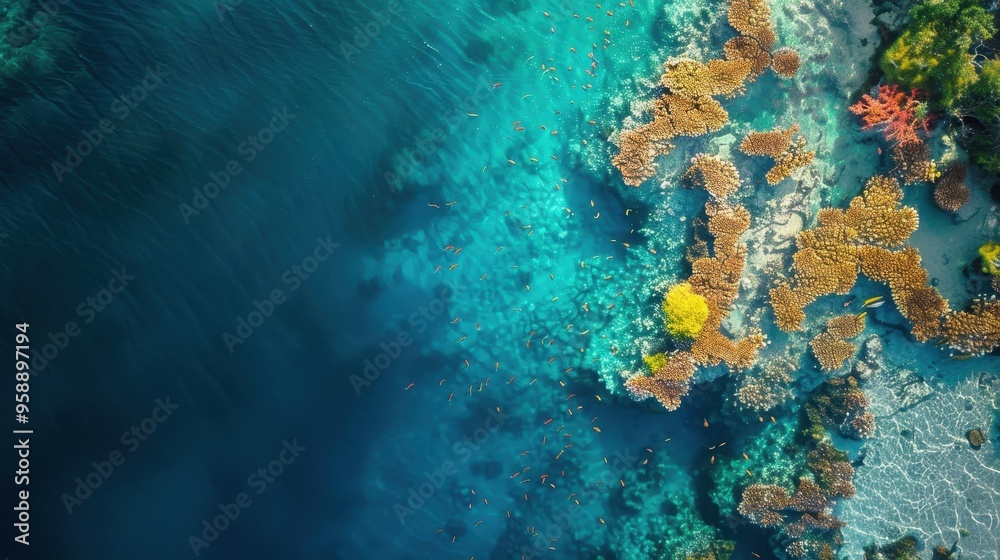 Aerial View of Vibrant Coral Reefs and Clear Blue Ocean Waters Teeming with Marine Life Aerial View of Vibrant Coral Reefs and Clear Blue Ocean Waters Teeming with Marine Life