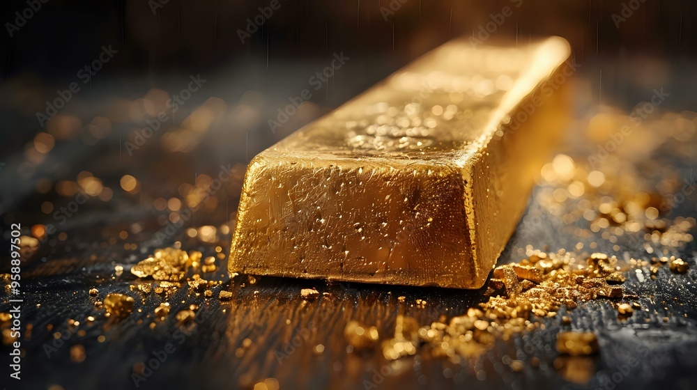 Close-up of a gold bar resting on a textured dark surface, highlighting its shiny and luxurious appearance. Ideal for finance, investment, and precious metals themes. Close-up of a gold bar resting on a textured dark surface, highlighting its shiny and luxurious appearance. Ideal for finance, investment, and precious metals themes.