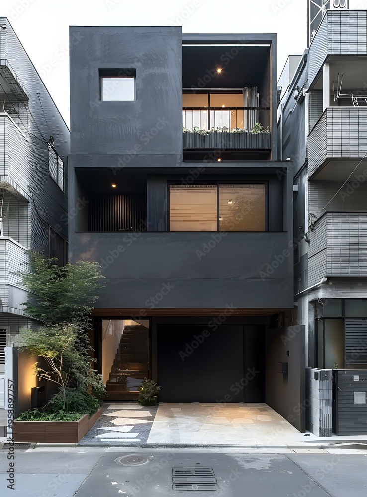 Fototapeta premium Modern Black House with Balcony and Stone Pathway