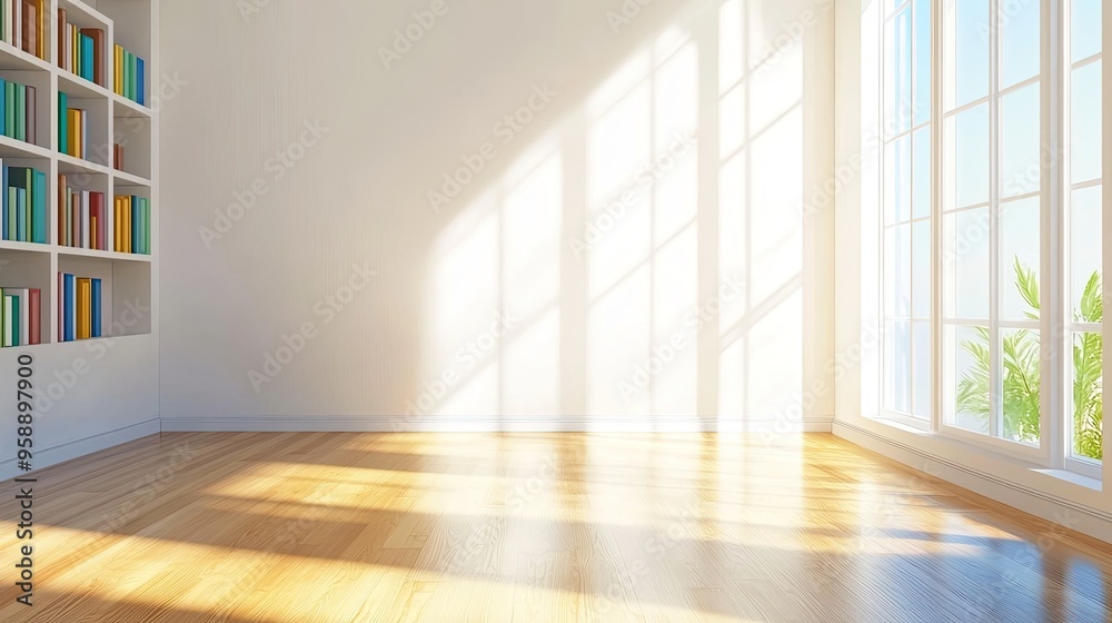 Obraz premium A bright, minimalist room with a bookshelf and large windows letting in natural light.