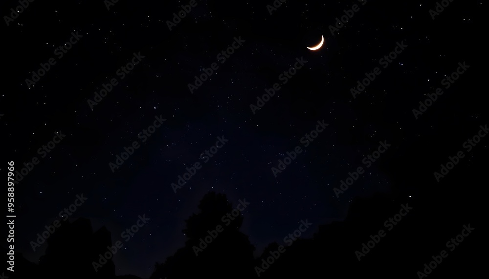 Fototapeta premium Crescent moon in a dark blue night sky with silhouetted trees in the foreground