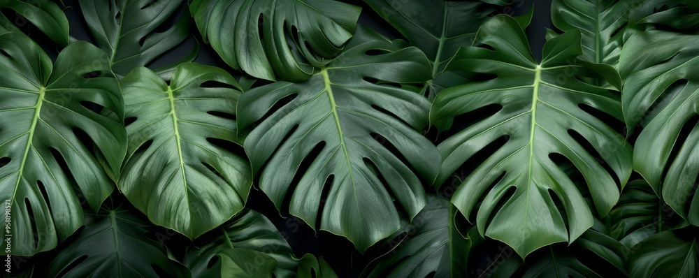 A close-up view of lush green monstera leaves, showcasing their unique cuts and vibrant color, perfect for nature-themed designs. A close-up view of lush green monstera leaves, showcasing their unique cuts and vibrant color, perfect for nature-themed designs.